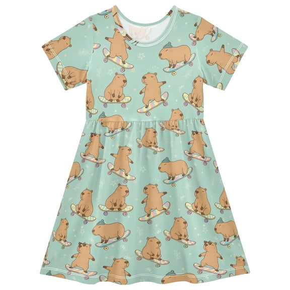 joogoo Capybara Skating Girls' Short Sleeve Dress Kids Dresses 5-6T