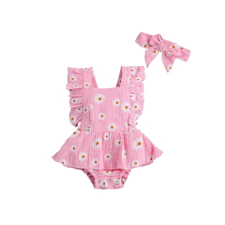 

Gwiyeopda Toddler Baby Girls Romper Floral Sleeveless Jumpsuit Skirt Flouncing Bowknot Headband