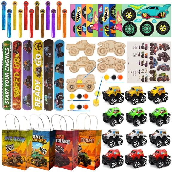 HandTool 96pcs Truck Party Favors, Car Themed Birthday Party Supplies Including Truck Toys Slap Bracelets Bubble Wands DIY Stickers Painting Kits, Birthday Decorations Classroom Rewards for Kids Y102