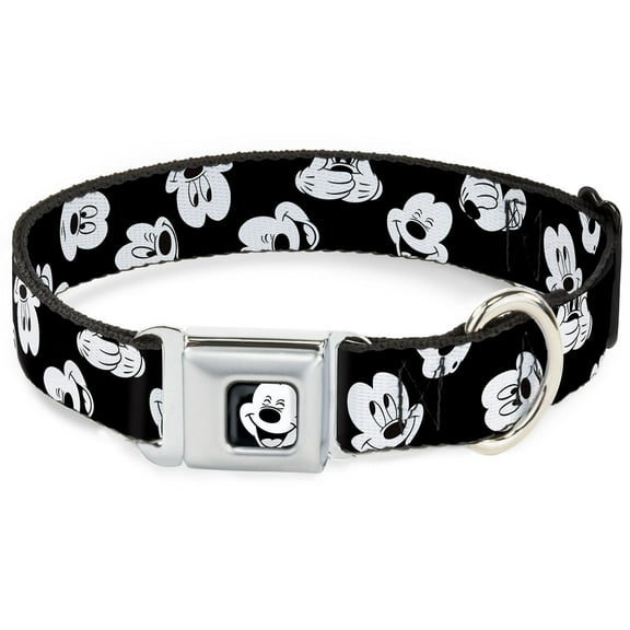 Disney Pet Collar, Dog Collar Metal Seatbelt Buckle, Mickey Mouse Expressions Scattered Black White, 9.5 to 13 Inches 1.0 Inch Wide
