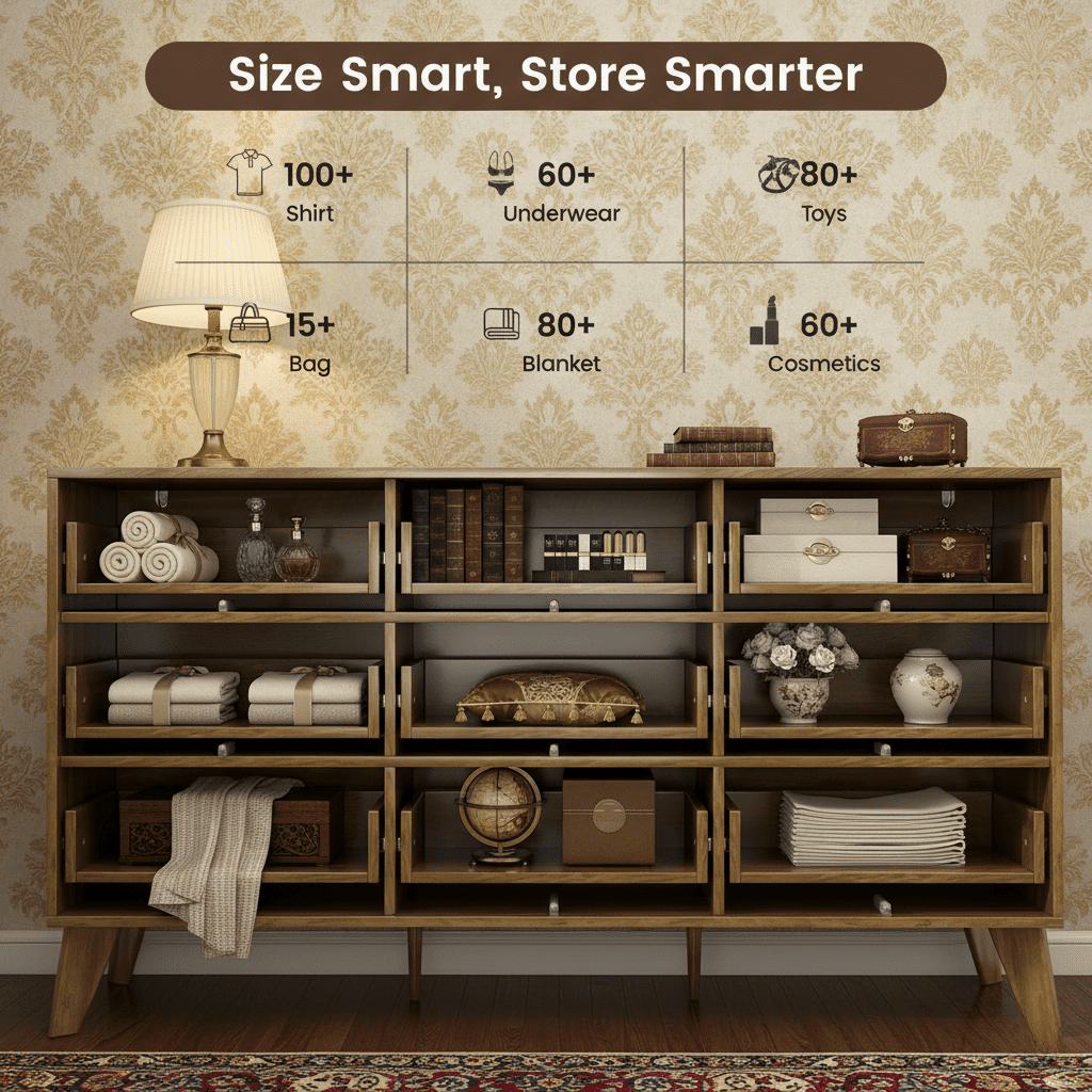Danpinera Home 55" Wooden Dresser for Bedroom, 9 Drawer Double Dresser with Fluted Front, Mid Century Modern Push-to-Open Chest of Drawers, Dark Wood