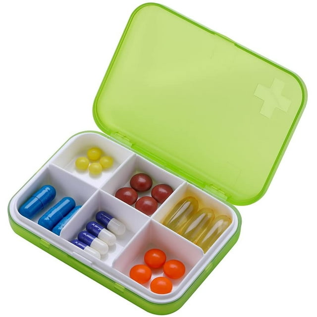 Pill Organizer - Portable Pill Box Small Pill Container for Purse or Pocket, Excellent Pill Storage Case (Green, 6 Compartment)