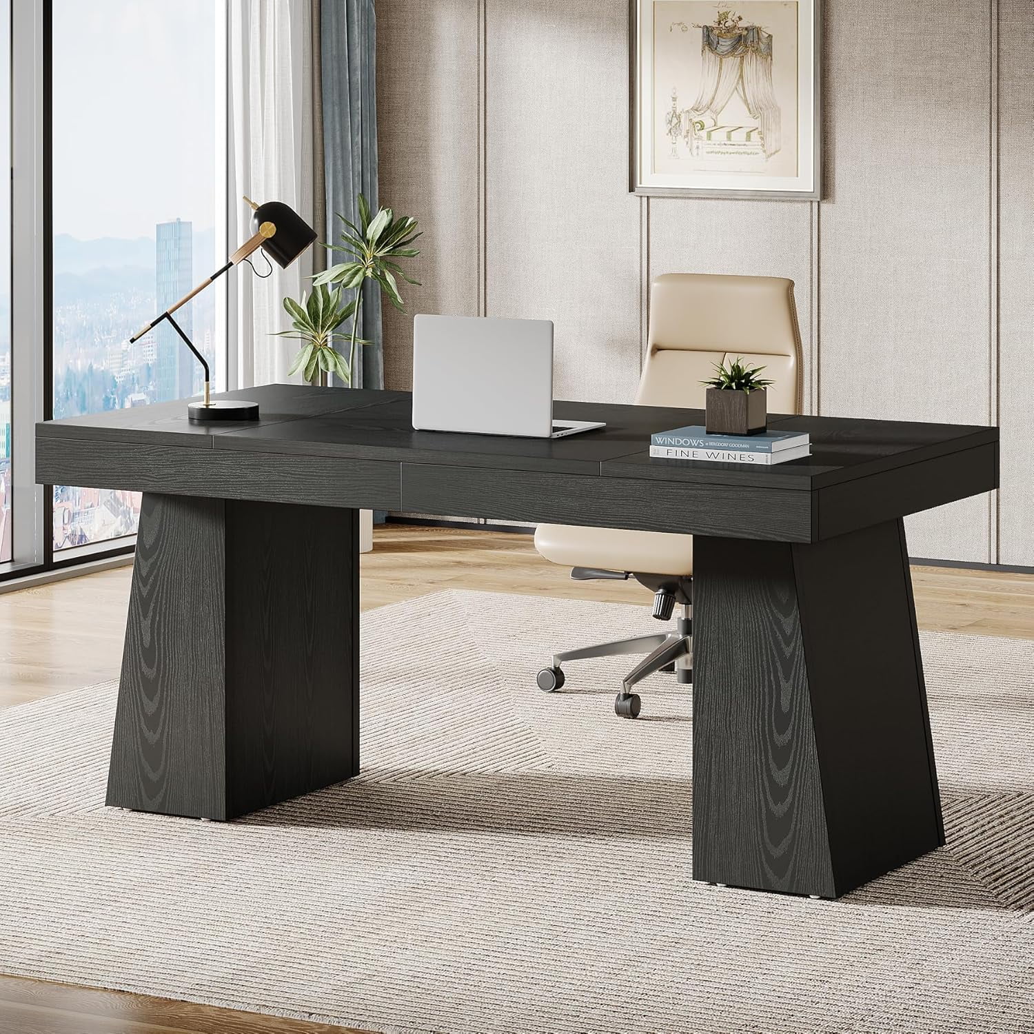 Tribesigns 55 Inches Executive Desk, Mid-Century Modern Home Office Desk with Double Trapezoid Base