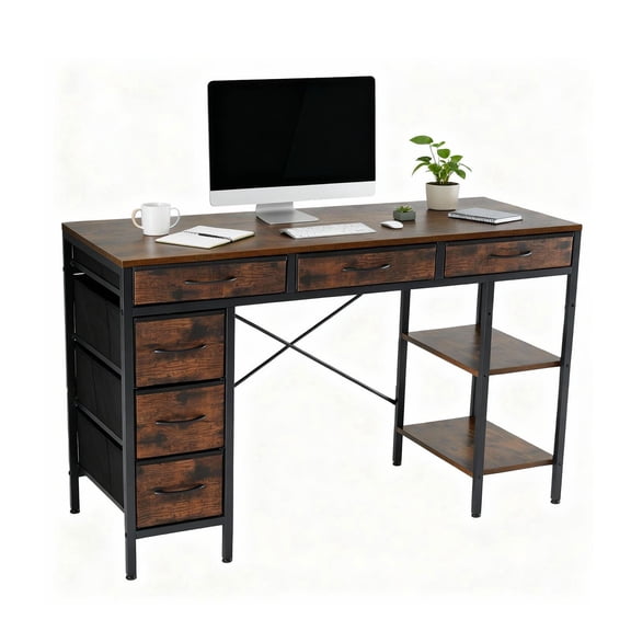 Resenkos 55 Inch Computer Desk with 6 Drawers, Spacious Work Desk for Home Office and Study Room, Brown