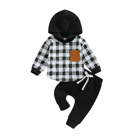 

Calsunbaby Baby Boys Clothes 3 6 9 12 18 24M 3T Pants Set Hooded Patchwork Hoodie Plaid Sweatpants Fall Spring Outfits 12-18M