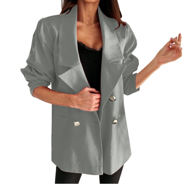 Gibobby Blazer de mujer Blazer de algodón para mujer manga larga holgada casual chamarra(Gris,XL)