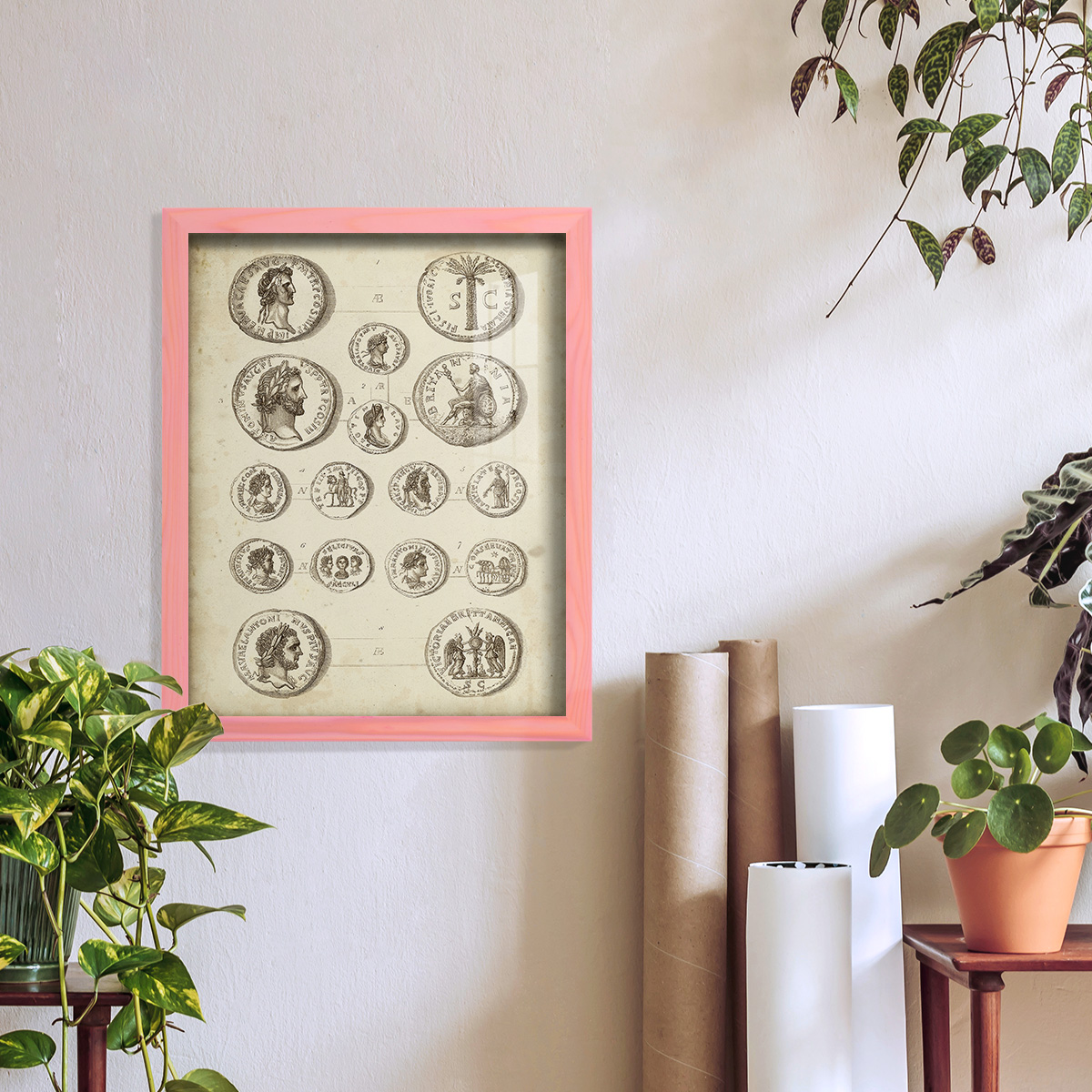 Antique Roman Coins IV -Framed Print w/glass-Sunset Pink
