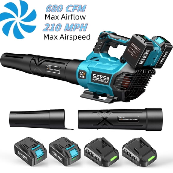 SEESII 40V Leaf Blower Cordless, 680CFM/210MPH Brushless Motor Electric Leaf Blower with 2 * 5200mAh Batteries and 2*Charger