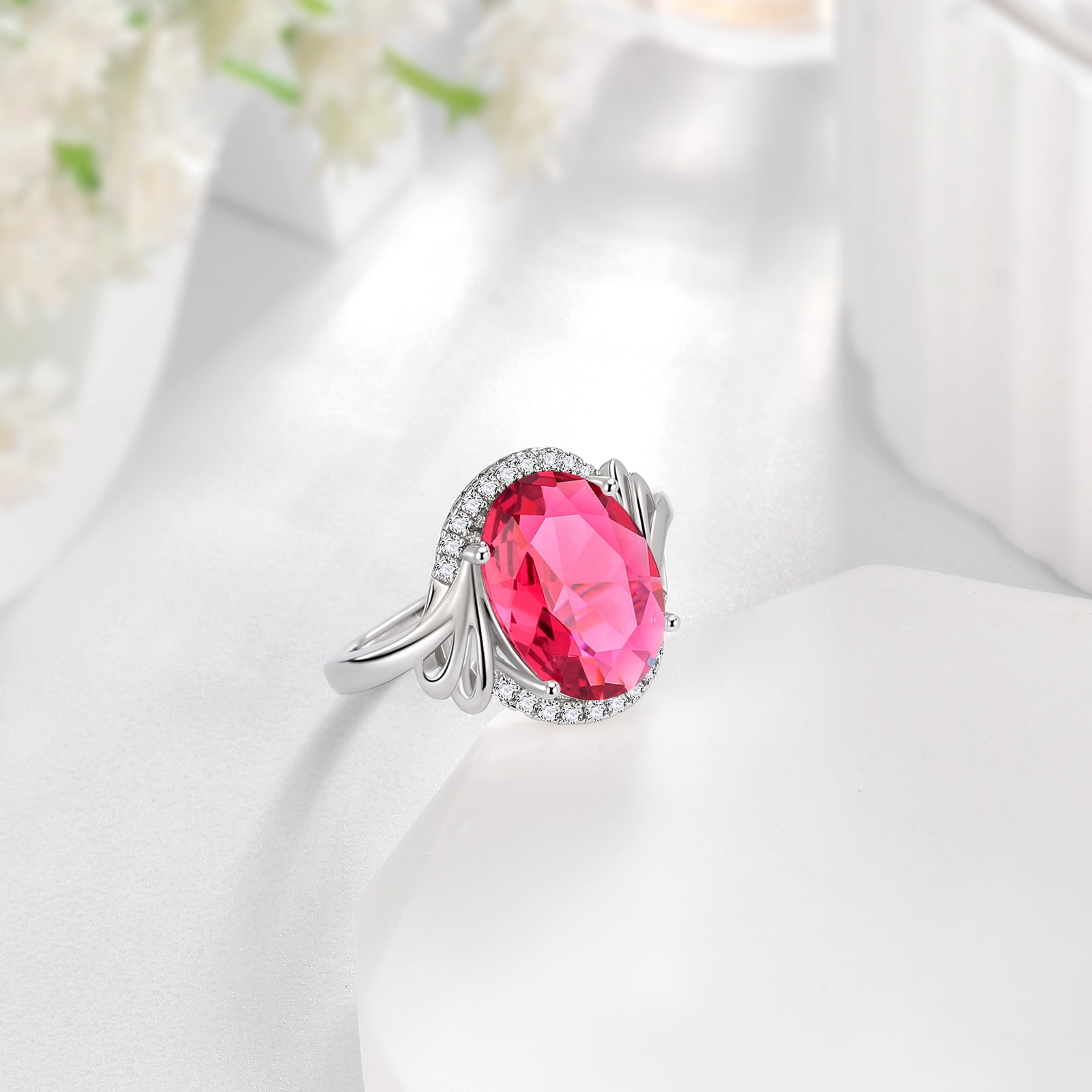 Juwaliy 8Ct Oval Ruby Women Ring 925 Sterling Silver Halo July Birthstone Red Band Jewelry Mother Grandma Birthday Xmas Valentine's Day Gift