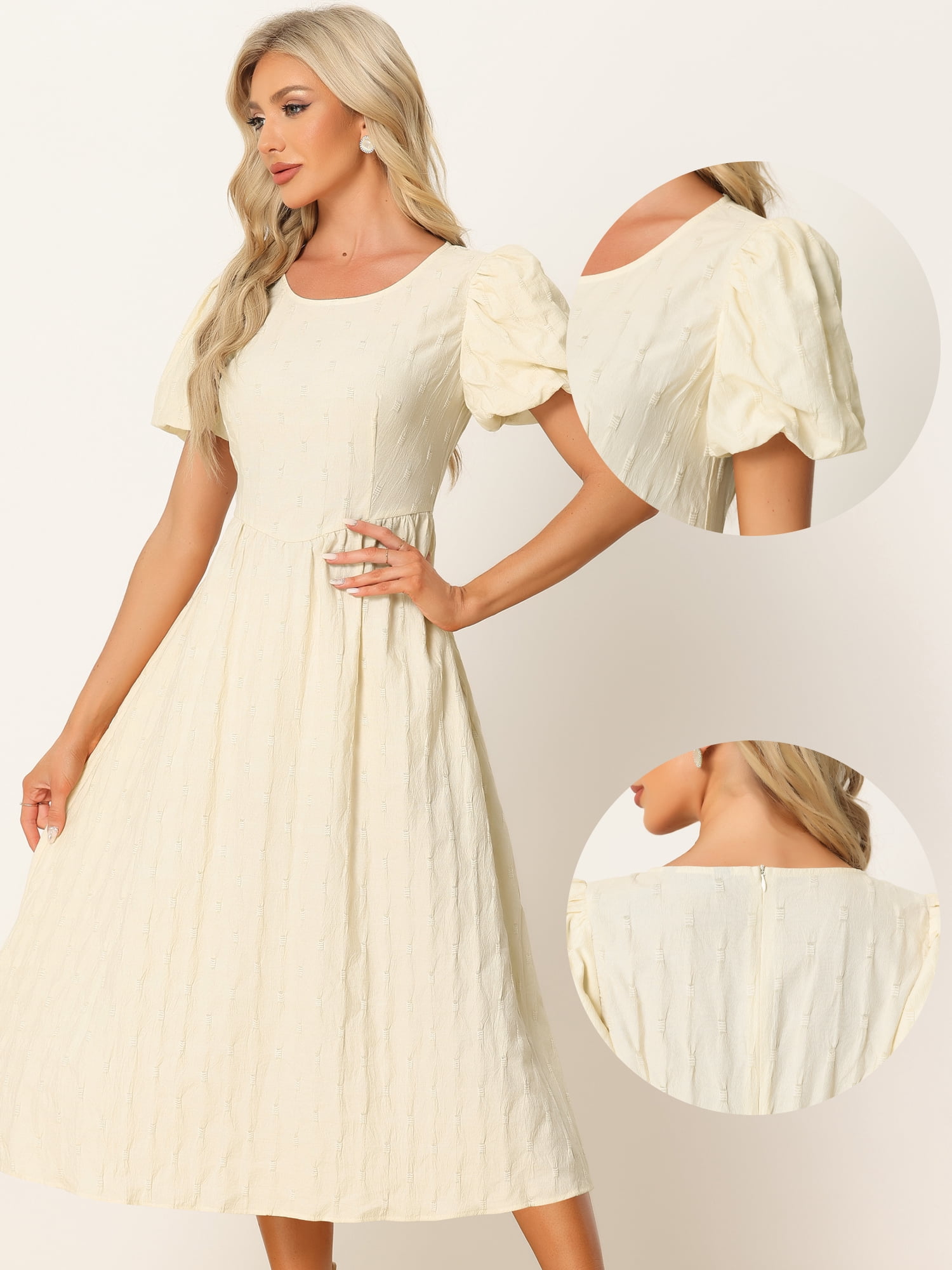 Unique Bargains Women's Puff Sleeve Textured Fit and Flare Dresses M Beige