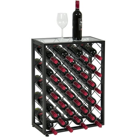 Back Bar Liquor Storage Cabinet Best Choice Products 32-Bottle Wine Rack Liquor Storage Cabinet w/ Glass Table Top - Black ()