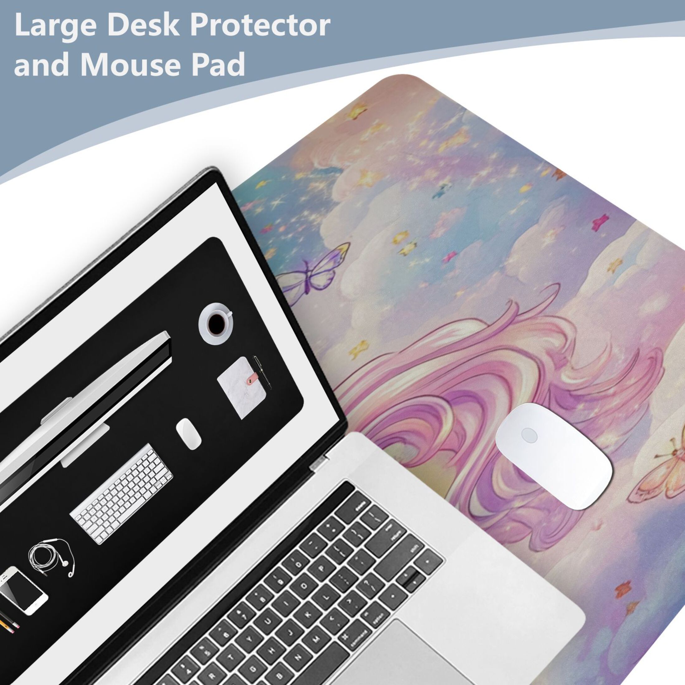 Leather Keyboard and Mouse Desk Mat Office Desk Accessories Protective Office Desk Decor Desk Pad Mat for Gaming, Work from Home, Office Rainbow Colors Unicorn 16.5" x 35.4"