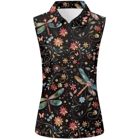 VNKIDY Womens Casual Floral Print Sleeveless Polo Shirt Zip Up Collared Casual Golf Blouse Top For Summer Daily Wear Classic Top