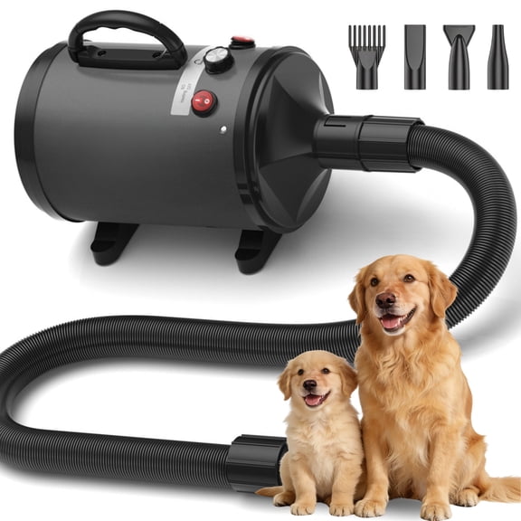 WAAYEE High Velocity Pet Hair Dryer with Heater, Adjustable Speed & Temperature Dog Grooming Blower with 4 Nozzles