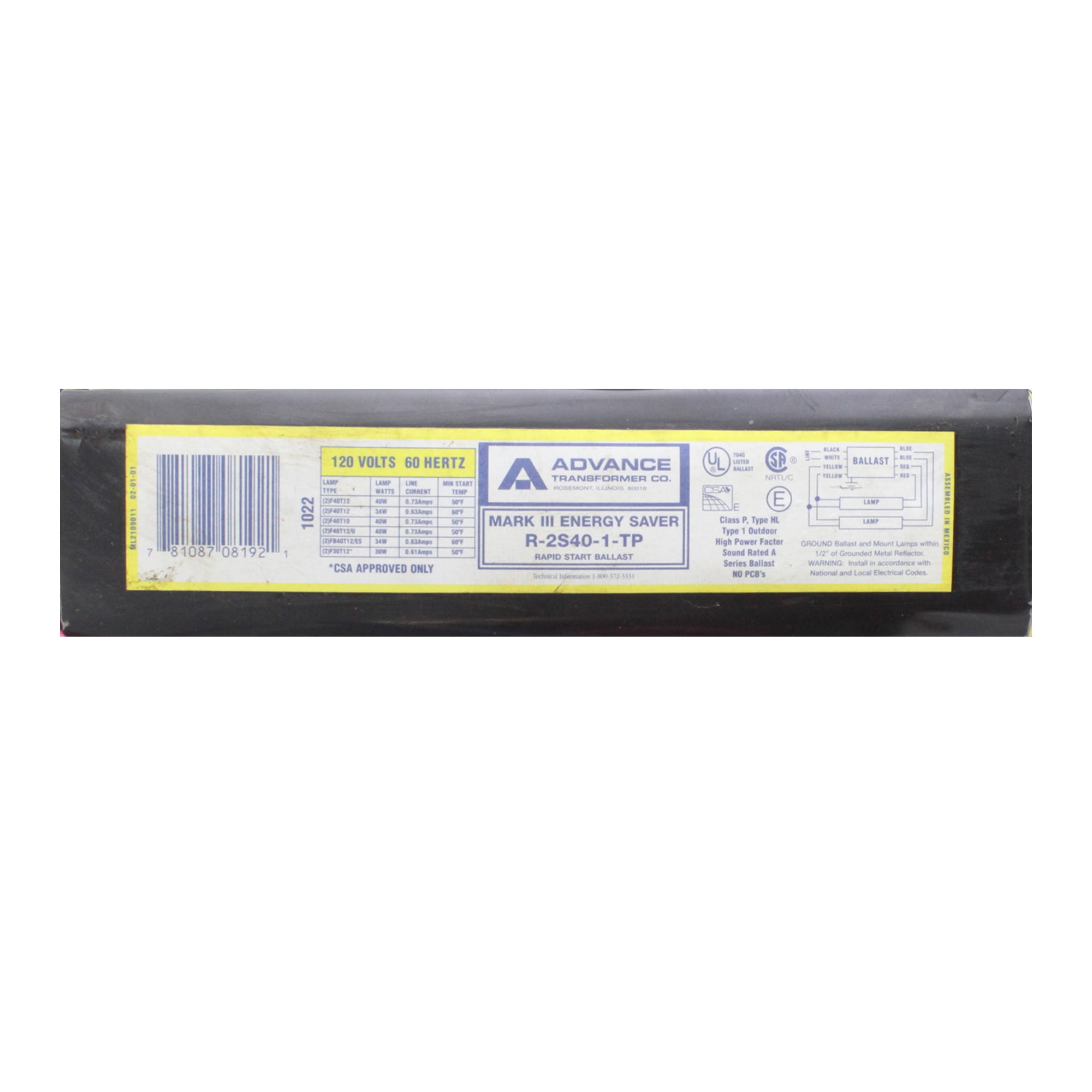 Advanced R2S401TP Fluorescent Ballast, 2 Lamp, F40 T12, 40W, 120V