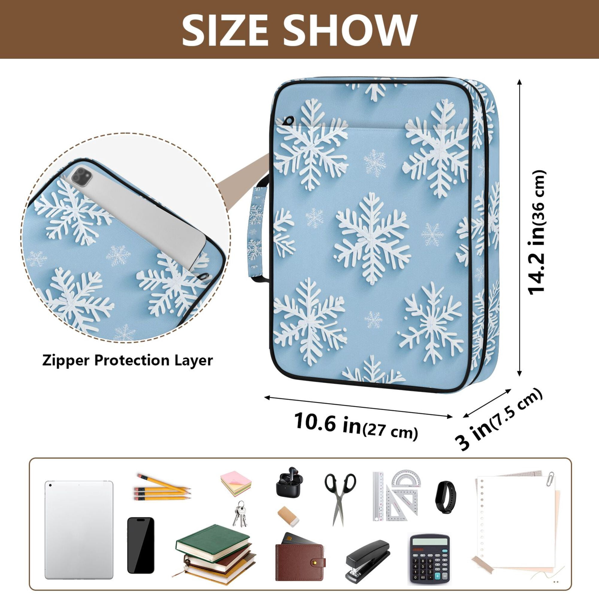 FORMRS Accordion File Folder A4 Size 7-Pocket Expanding Document Organizer Bag with 3 Ring Binder, Blue Snowflake