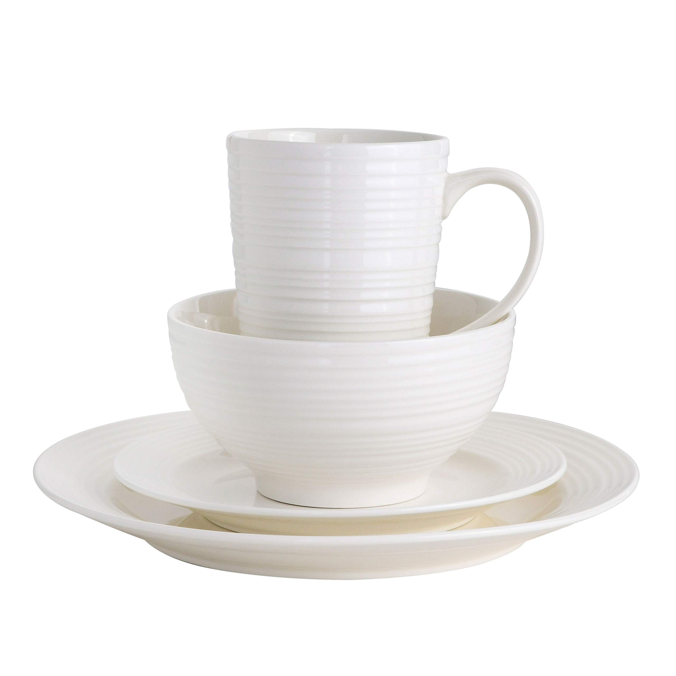 Home Zen Buffet White Porcelain Dinnerware Set for 4 with Square Plates, Bowls, Mugs, Chip and Scratch Resistant, Dishwasher and Microwave Safe, 16 Piece