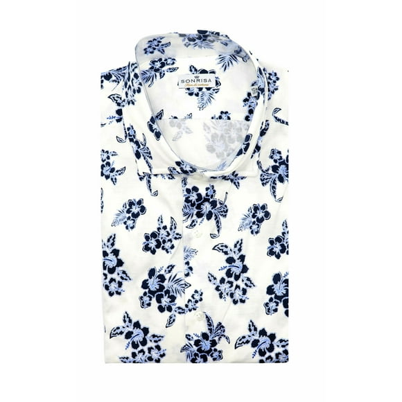 Sonrisa Hommes Bleu / Blanc Bouton Floral Robe Chemise - 42-16.5 (L)