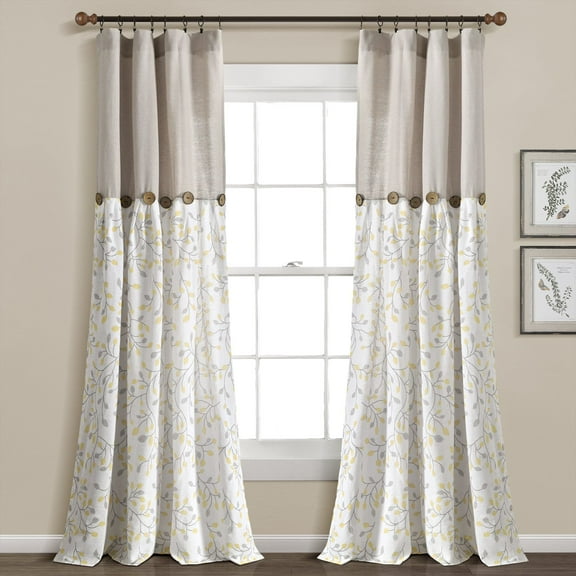 Lush Decor Linen Button Botanical Garden Window Curtain Panel - Gray/Yellow Single - 40 x 84