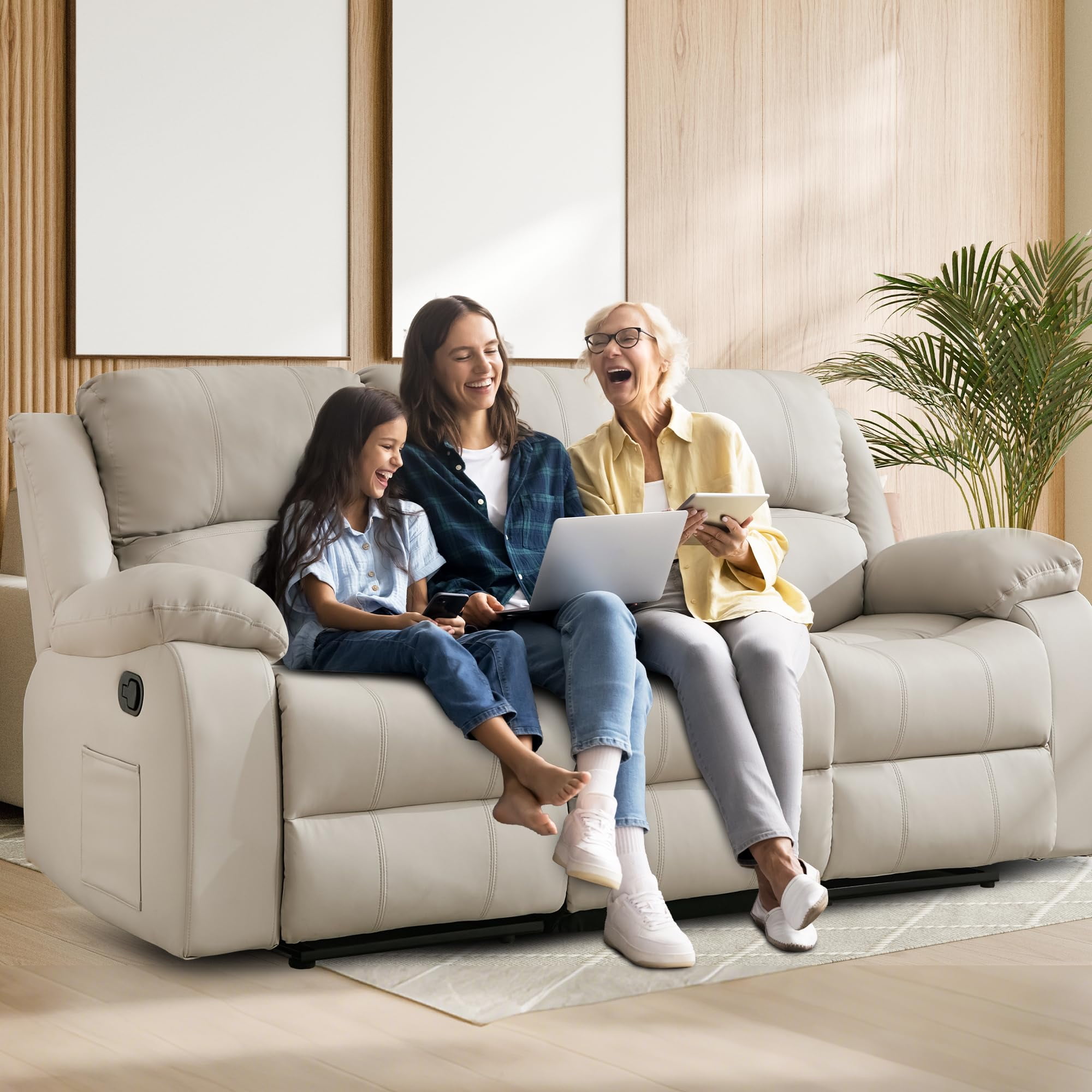 Comfortable Reclining Loveseat Sofa – Leather 3-Seater Recliner Couch for Living Room & Home Theater Seating (Beige)