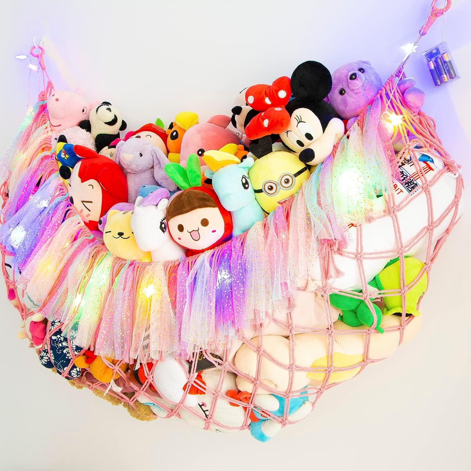 Large Stuffed Animal Hammock with Light Wall Mounted- Squishmallow Hammock Plushies Net Stuff Toy Organizer Boho Macrame Toy Hammock Corner Hanging Net for Nursery Storage Bedroom Playroom Decor-Pink