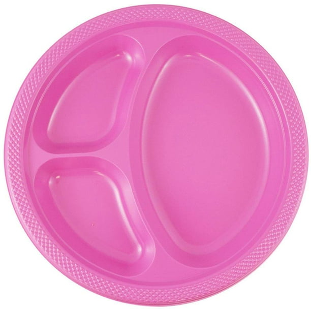 JAM 3 Compartment Divided Plastic Plates, 20/Pack, Fuchsia Pink, Large, 10.25"