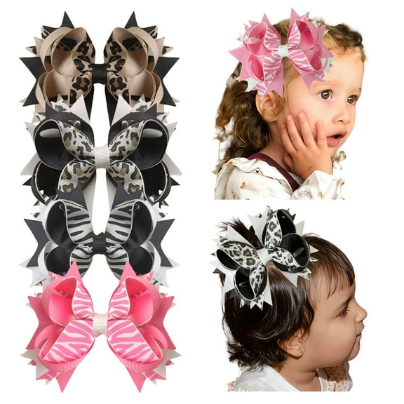 4PCS 5inch Animal Print Bow Hair Clips for Girls - Zebra Leopard Hair Bows Hair Accessories for Kids Toddlers