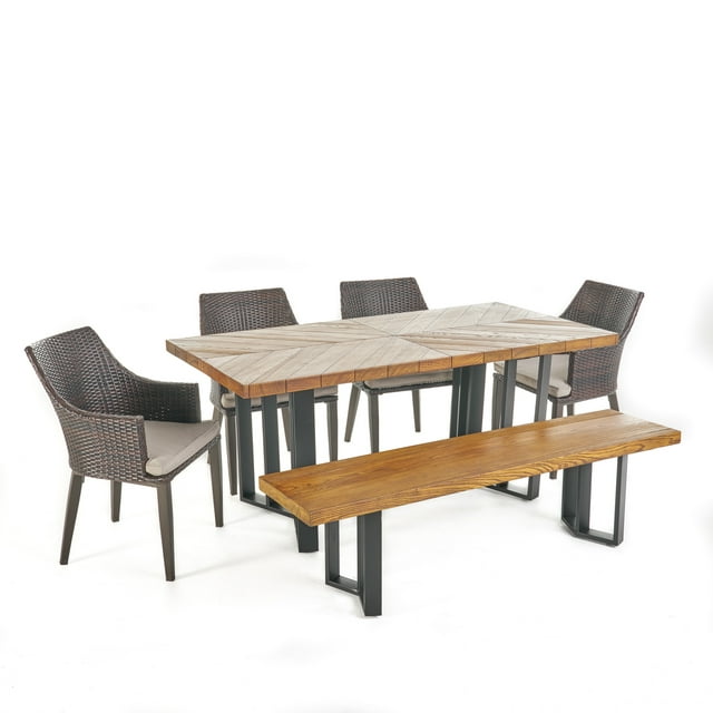 GDF Studio Sayveon Outdoor Wicker and Lightweight Concrete 6 Piece Dining Set with Bench, Textured Brown Walnut, Multibrown, and Black