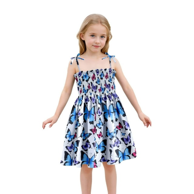 Robe Fille Bébé Été Imprimé Floral Robe à Bretelles Légère Décontractée avec Attaches Réglables pour Plage Robes Tout-Petit Gris Clair 5 Ans-6 Ans