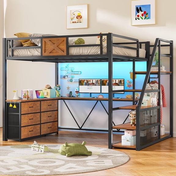 Full Size Loft Bed Frame with L Shaped Desk, Metal Loft Bed with 6 Fabric Drawers, Coat Rack, Power Outlets, LED Lights, and Storage Stairs, Saving Space, Rustic Brown