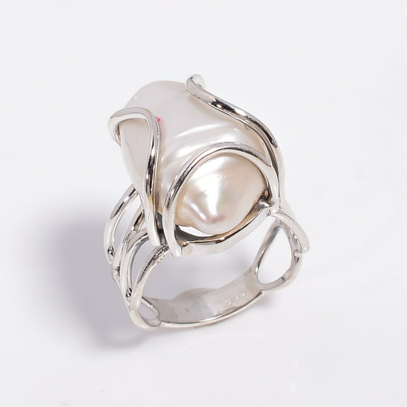 SATYAVIE JEWELLERY handmade Silver Baroque Pearl Ring for Women 925 Sterling Silver Rings Designer Ring Size US 9