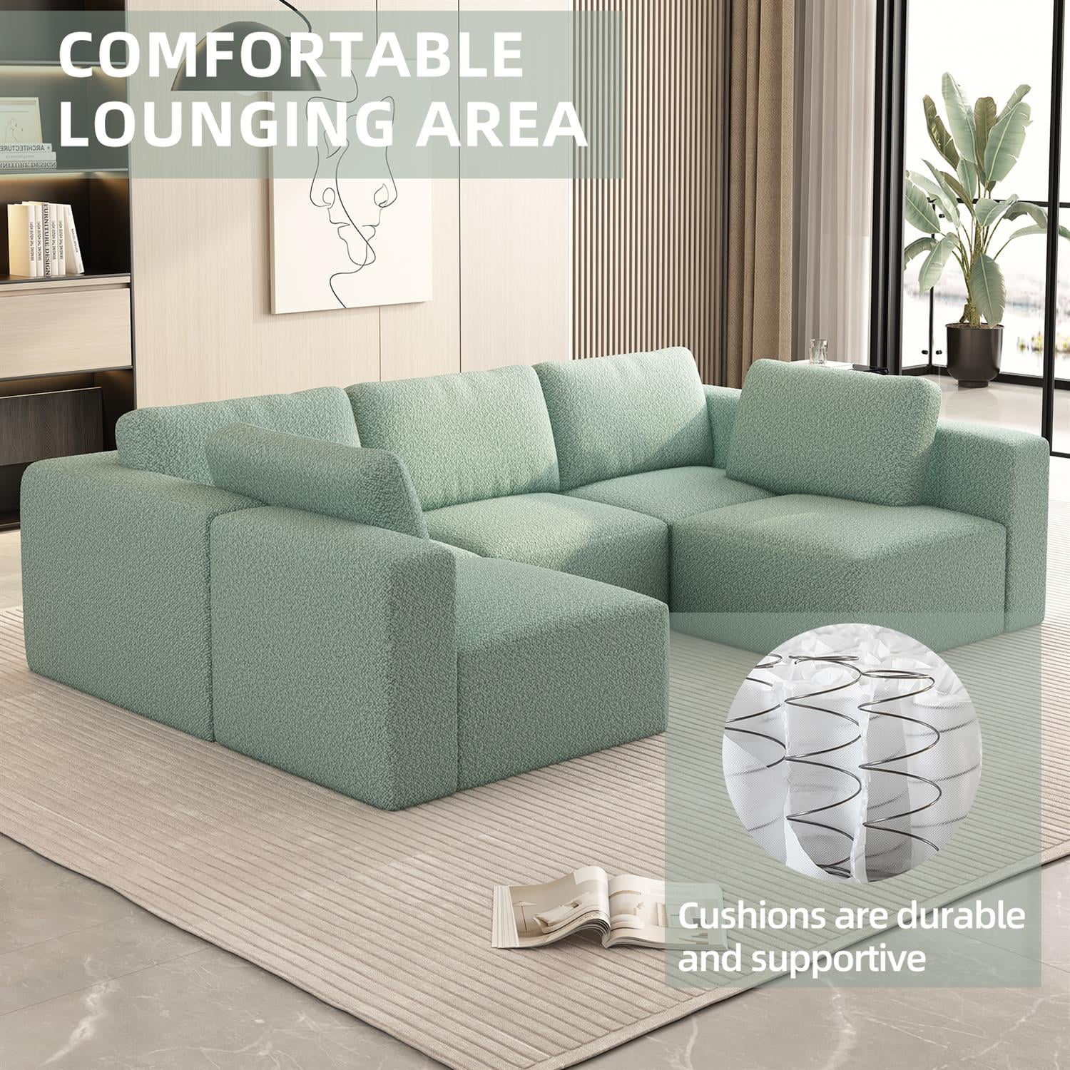 Demi Bonn 104" x 70" Modular Sectional Sofa Sleeper with Chaise & Ottoman, Convertible U-Shaped Couch Set for Relaxation & Guests, Green