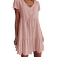 thumbnail image 1 of JUNWELL Women Short Sleeve Sexy V-Neck Swing Tunic Mini Dress Solid Color Pleated Ruffle Flowy Hem A-Line Casual Loose  Dropship, 1 of 7