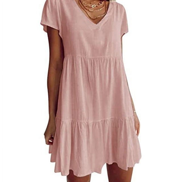JUNWELL Women Short Sleeve Sexy V-Neck Swing Tunic Mini Dress Solid Color Pleated Ruffle Flowy Hem A-Line Casual Loose Dropship