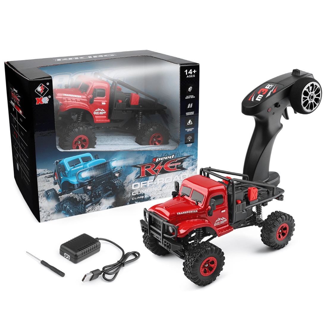 1:18 4WD RC Off-Road Rock Crawler, High-Torque Climbing Truck with LED Lights, 7.4V Rechargeable Battery, 2.4GHz Remote Control & All-Terrain Tires Hobby-Grade RC Car for Adults