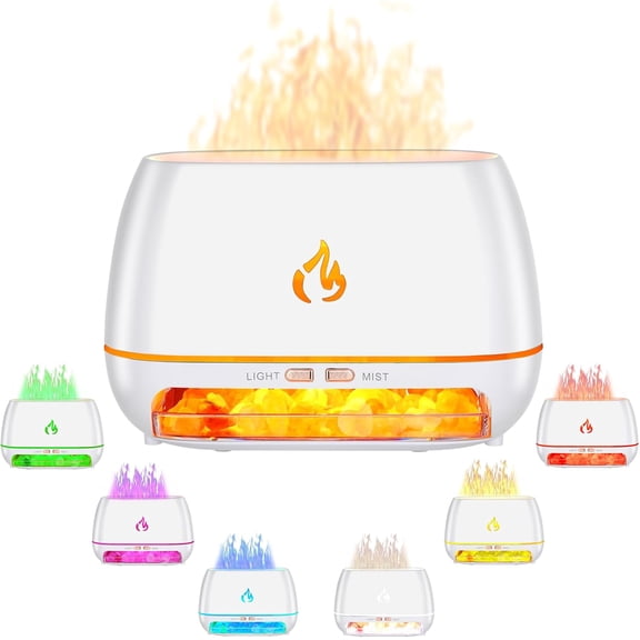 3-in-1 Ultrasonic Essential Oil, Himalayan Salt Lamp, 7 Colors Changing Simulation Flame Humidifier, 6.76OZ Wood Grain Aroma Diffuser with Auto Shut-Off for Bedroom, Office