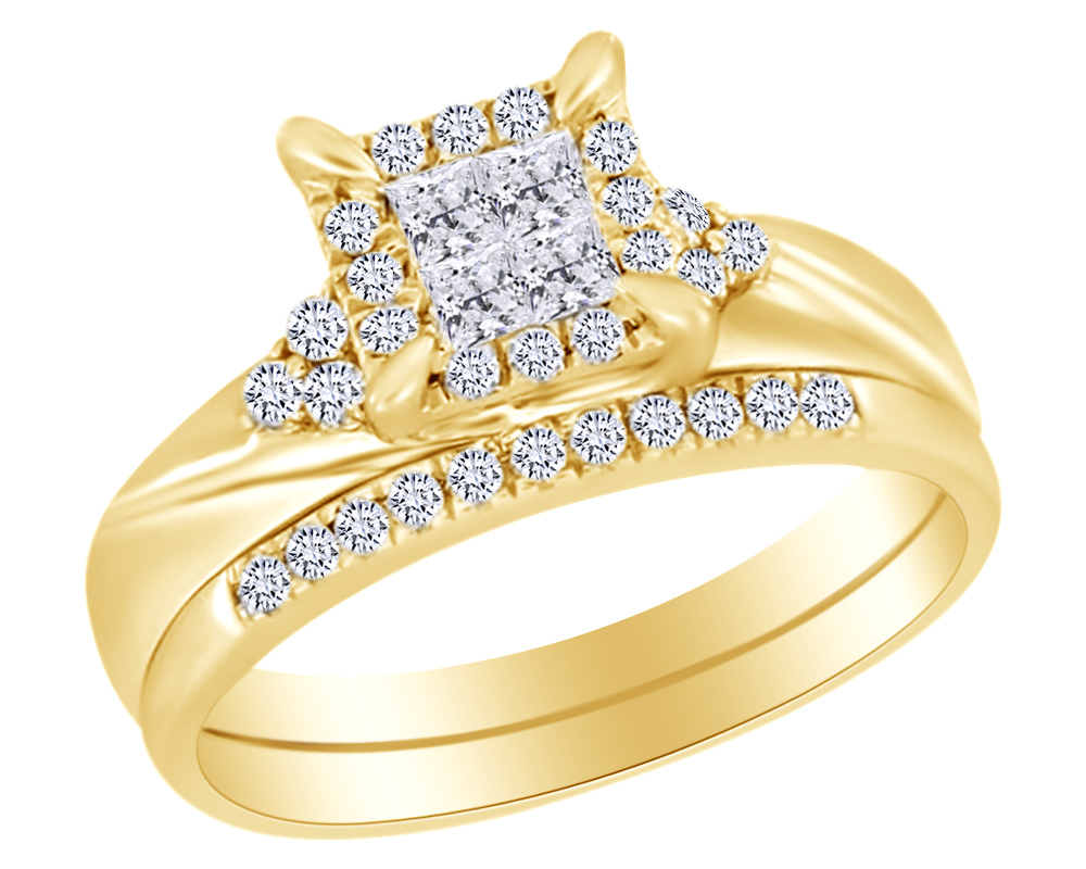 AFFY Princess & Round Cut White natural Diamond Cluster Bridal Ring Set In 14K Solid Yellow Gold