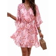 thumbnail image 3 of Woman'S Floral V Neck Lace-UP Waist Dress Pink S, 3 of 7