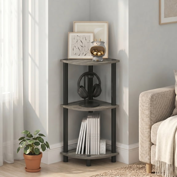 Furinno Turn-N-Tube Toolless Assembly 3-Tier Grey Open Corner Shelf. French Oak