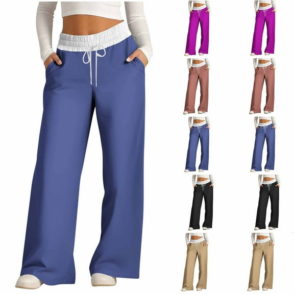 HAPIMO Casual Sweatpants Loose Pants for Women Fashion Workout Drawstring High Waist Trousers Wide Leg Pants Color Block Patchwork Palazzo Pants Black L