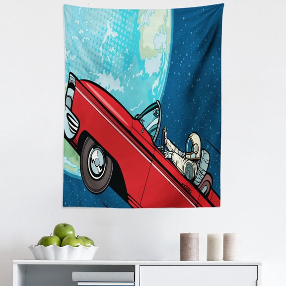 Fantasy Tapestry, Cosmonaut Driving a Car to Planet Earth Galactic Road Trip Illustration, Fabric Wall Hanging Decor for Bedroom Living Room Dorm, 5 Sizes, Night Blue Aqua Red, by Ambesonne