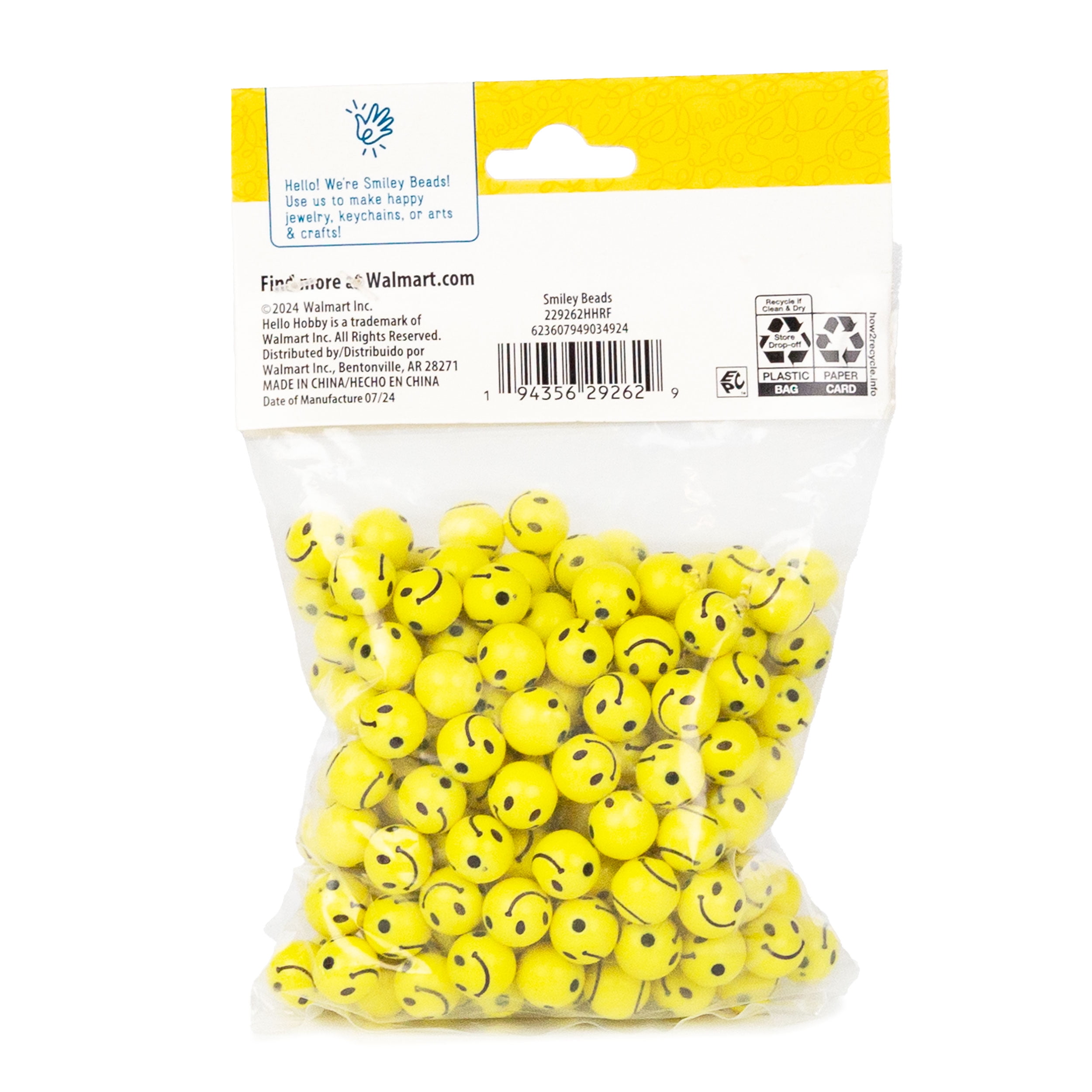 Hello Hobby Smiley Beads 200 Bright Yellow 10mm Smile Face Jewelry