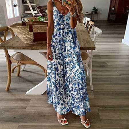 

Leesechin Deals Womens Skirts Maxi Dresses Off Shoulder Summer V-Neck Loose Printing Loose Sleeveless Loose Long Dress on Clearance