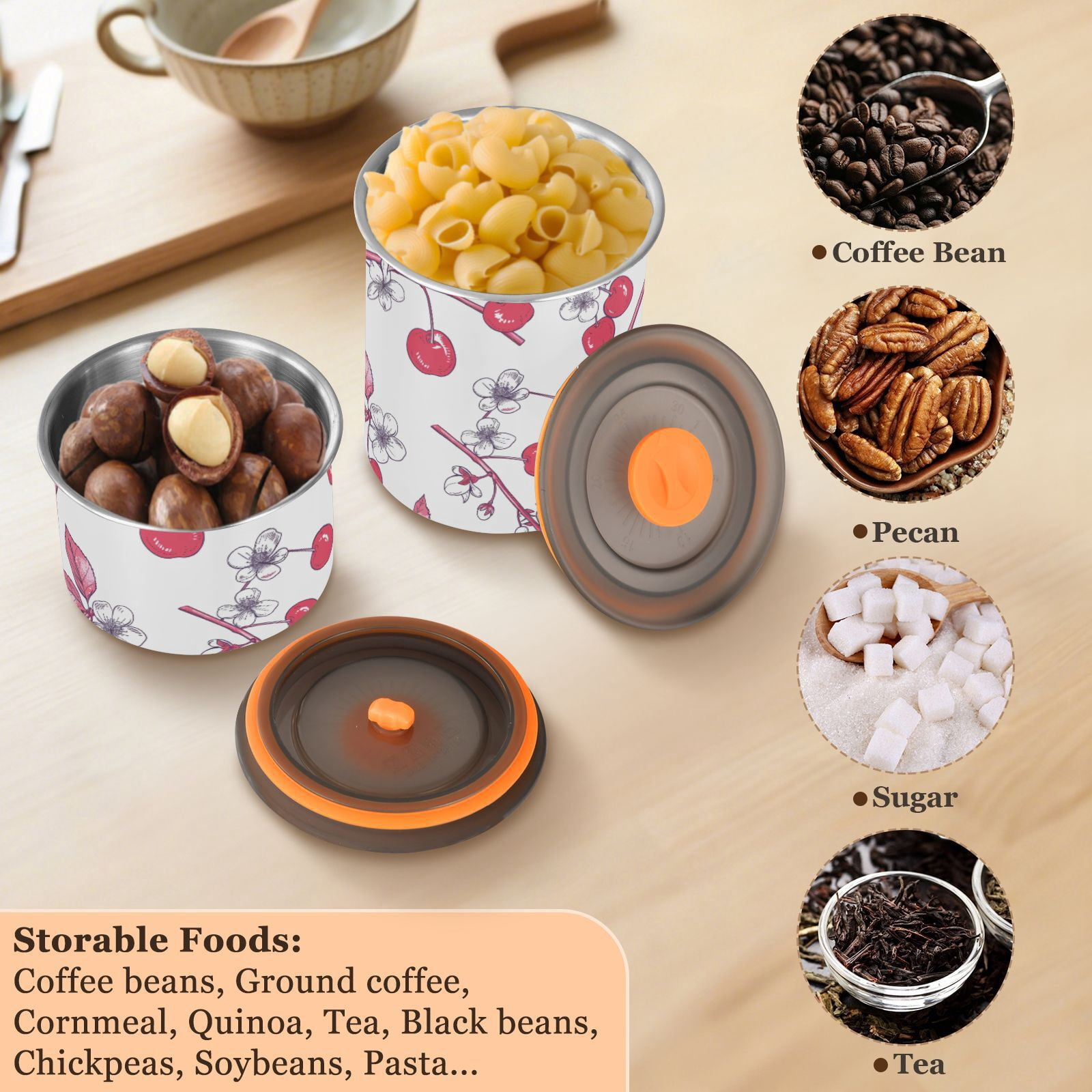 Cherry Blossom Airtight Coffee Bean Canister 30oz Food Storage Containers with Lids For Gournd, Tea, Sugar, Flour, Rice, Cereal, Candy Cookie Jar