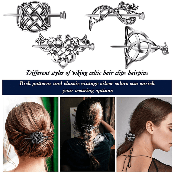 EASTIN 4 Pieces Retro Silver Viking Celtic Hair Clips Vintage Metal Hair Slide Barrettes Hair Clips Hair Sticks Hair Accessories for Women Girls
