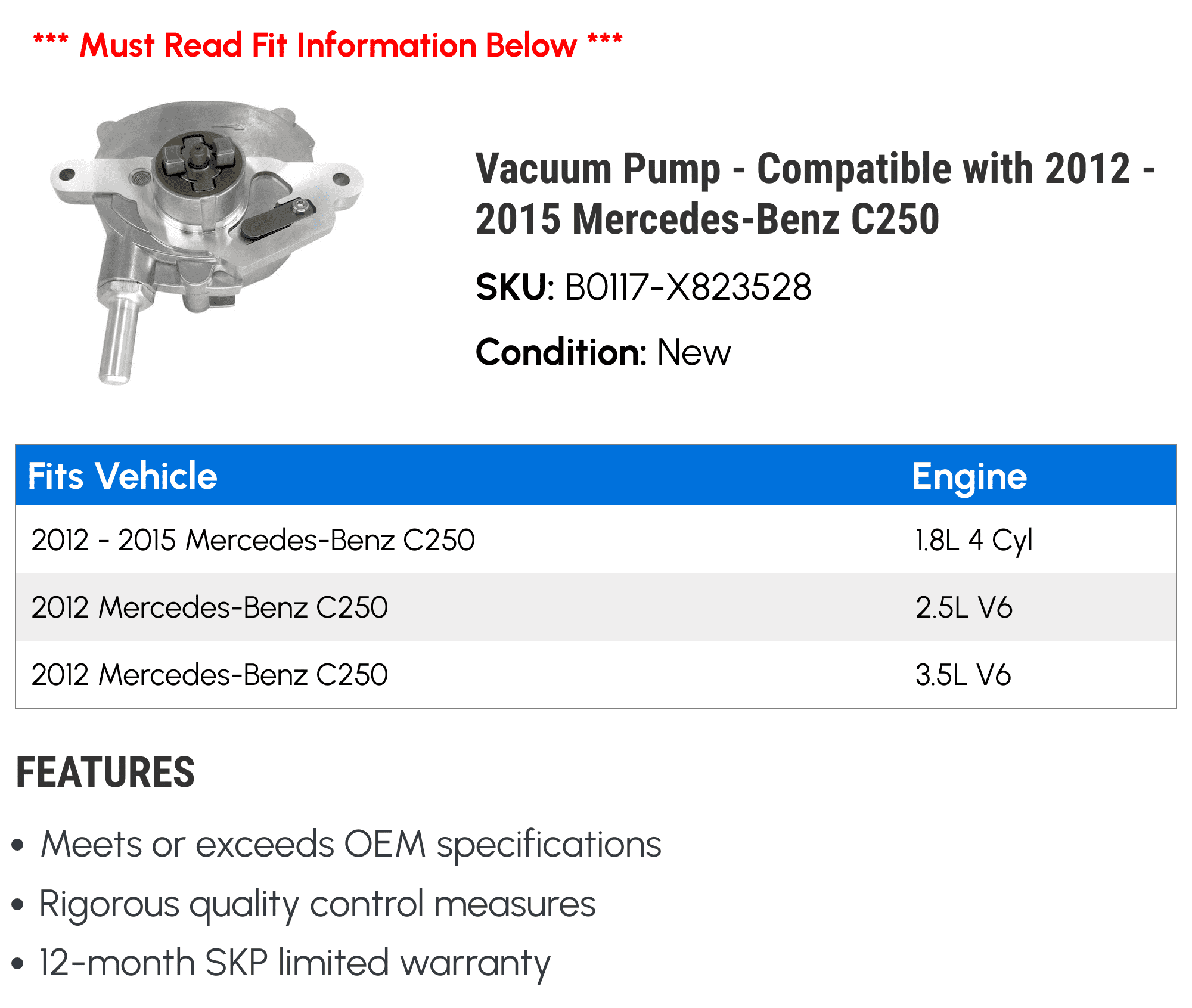 Vacuum Pump - Compatible with 2012 - 2015 Mercedes-Benz C250 2013 2014