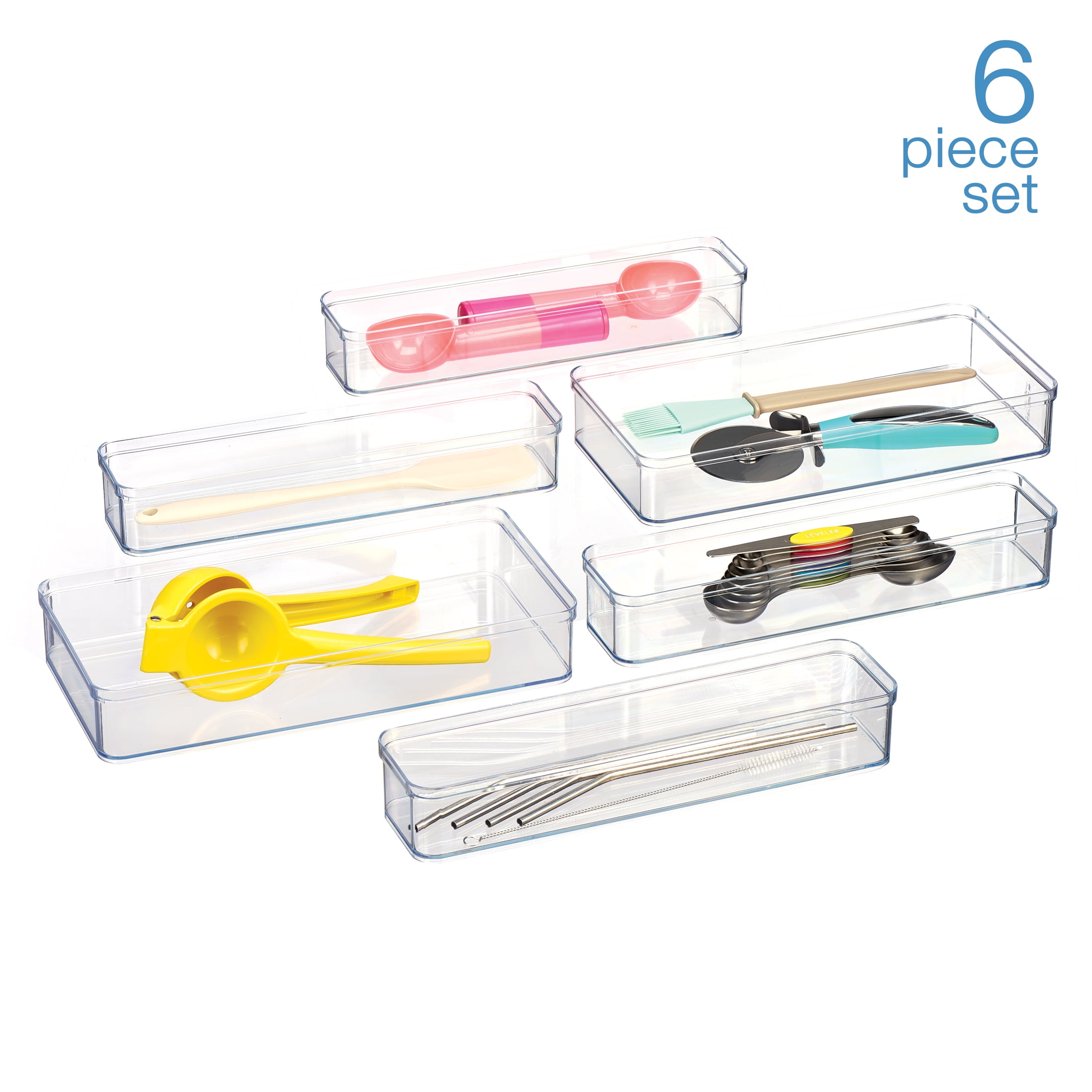 Mainstays 6-Piece Clear Plastic Drawer Storage Organizer Set, Kitchen, Desk and Bathroom Drawer Organizer Bins for Home Organization