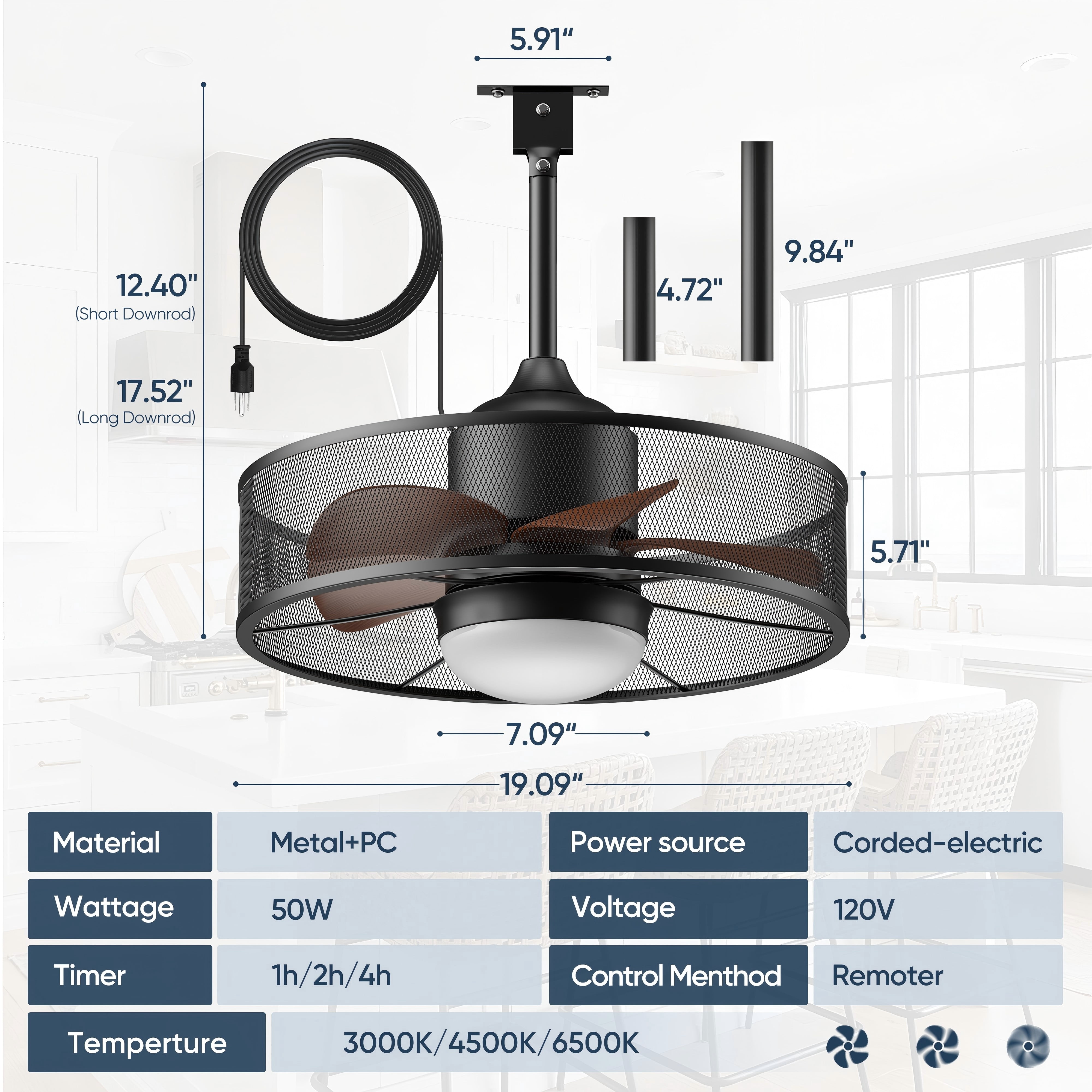 19.1" Ceiling Fan with Light Remote Control, Black Modern Waterproof Pendant Light Gazebo Fan for Outside Porch Patios