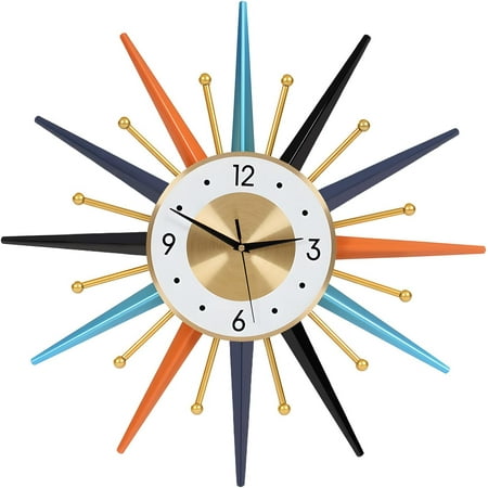 22 Inch Silent Metal Large Wall Clock, Mid Century Modern Wall Clock Big Colorful Sunburst Starburst Clock for Living Room Decor Kitchen Dining Room Bedroom