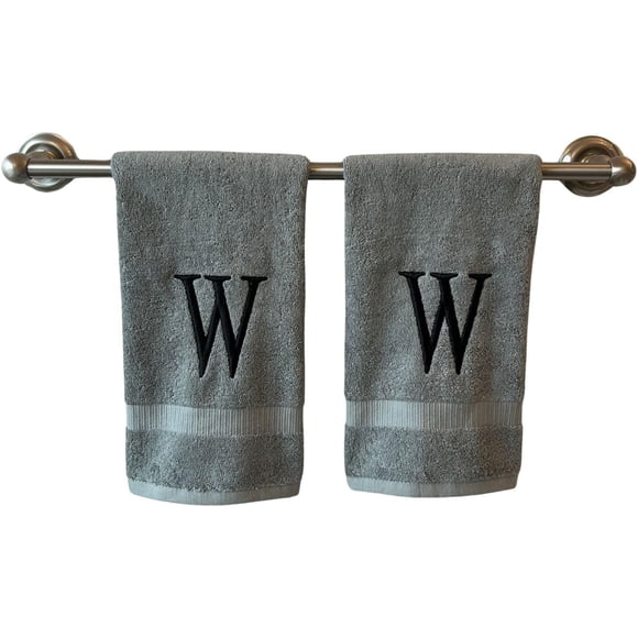 Gray Initial Hand Towel for Bathroom - Monogrammed Luxury Hotel Quality Decorative Embroidered Towel for Powder Room, Spa - GOTS Organic Certified - Set of 2 Black Letter W